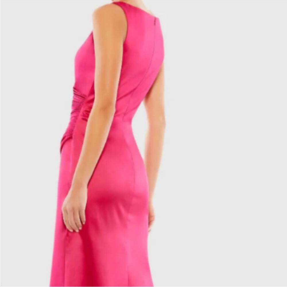 MAC DUGGAL 26625 SATIN RUCHED V-NECK FAUX WRAP LIPSTICK PINK MIDI DRESS sz 4 - Picture 6 of 11